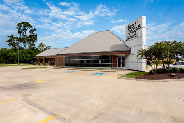 A ground level photo of the First Federal Bank of Louisiana Nelson Branch located at 4090 Nelson Rd. in Lake Charles, Louisiana.