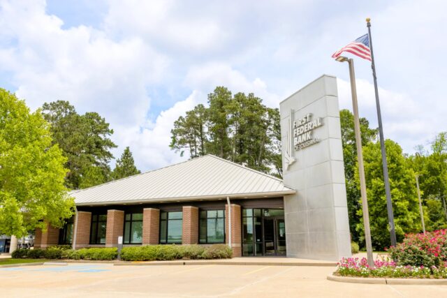 A ground level photo of the First Federal Bank of Louisiana Pineville Branch located at 3305 Louisiana Hwy 28 E in Pineville, Louisiana.